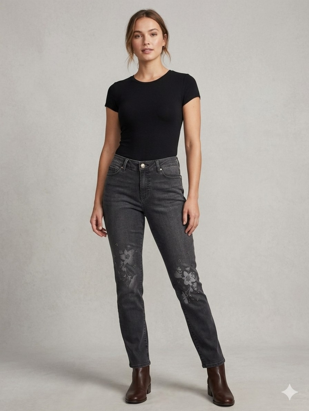 Vintage America Dark Gray Floral-Appliqué Straight Leg Jeans